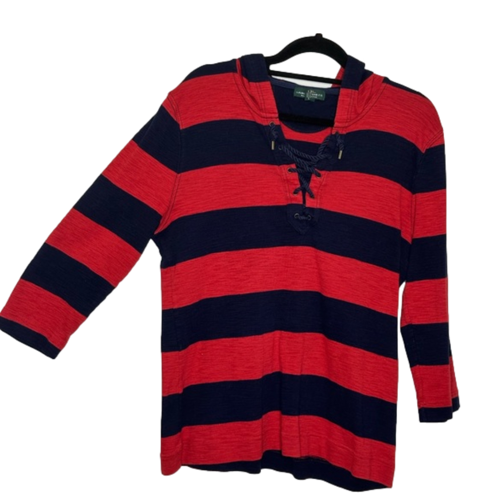 T26 Lauren Ralph Lauren Nautical Rope Lace Up Front hooded Large Navy Red Stripe